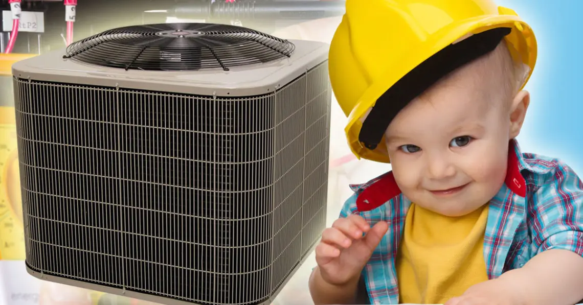 baby boy with hard had smiles near an AC condenser