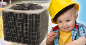 baby boy with hard had smiles near an AC condenser